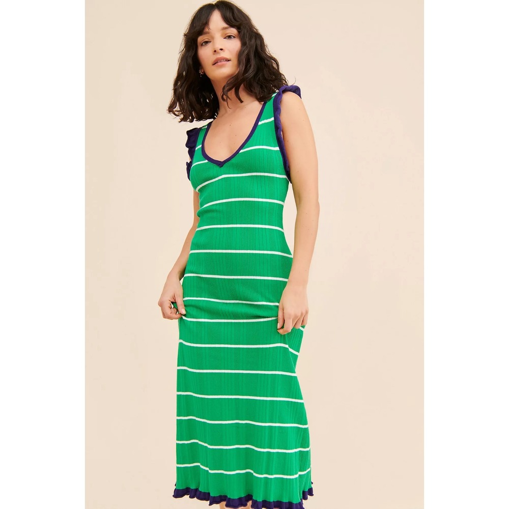 Anthropologie Daily Practice Sweater‎ Knit Dress Green Stripe Tank Ruffle Midi L